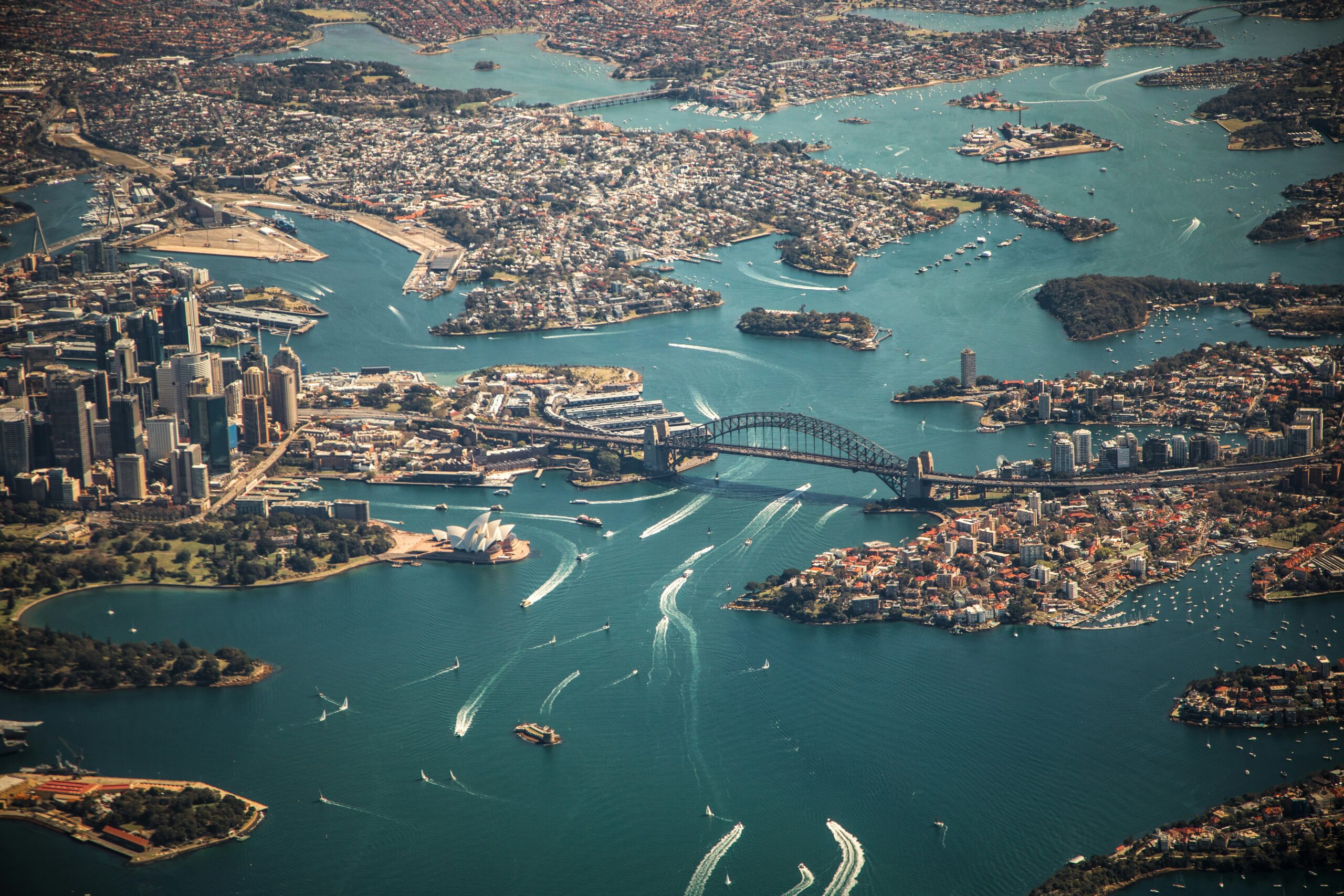 Aerial view of Sydney Harbour Bridge and Opera House